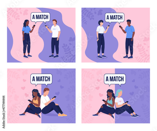 Perfect matching on dating app flat color vector illustrations set. Online relationships. Dating site users looking for love 2D cartoon characters collection with abstract space on background
