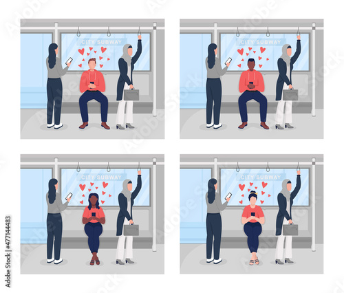 Online chatting with partner on underground flat color vector illustrations set. Person being totally enamored of online lover 2D cartoon characters collection with city subway on background