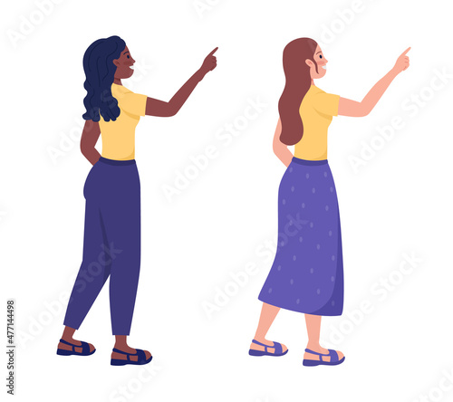 Glad women semi flat color vector characters set. Posing figures. Full body people on white. Pointing gesture isolated modern cartoon style illustrations collection for graphic design and animation