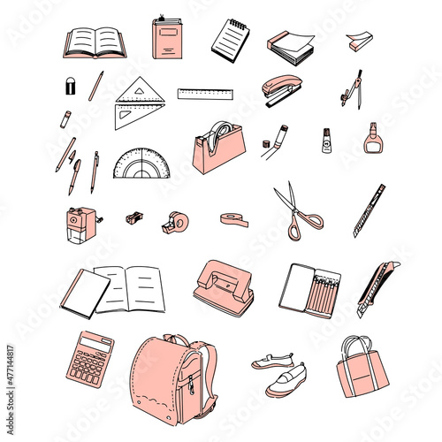 学校で使う文房具セット（シンプル、手描き）