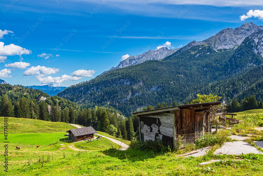 Blick auf die Litzlalm mit Hütte in Österreich Blick auf die Litzlalm mit Hütte in Österreich