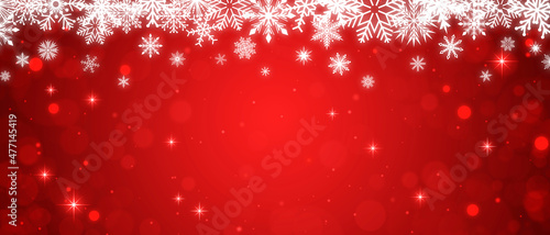White snowflakes frame on a red bokeh background with sparkles. Festive New Year and Christmas banner