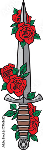 Vintage knife with roses color vector illustration