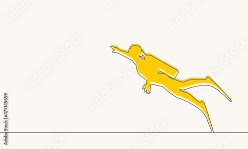 Diving sport concept. Thin line style silhouette of diver.