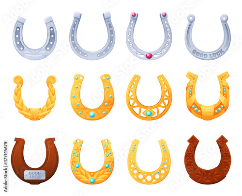Ornate horseshoes set vector flat illustration golden, silver and wooden symbol of lucky fortune