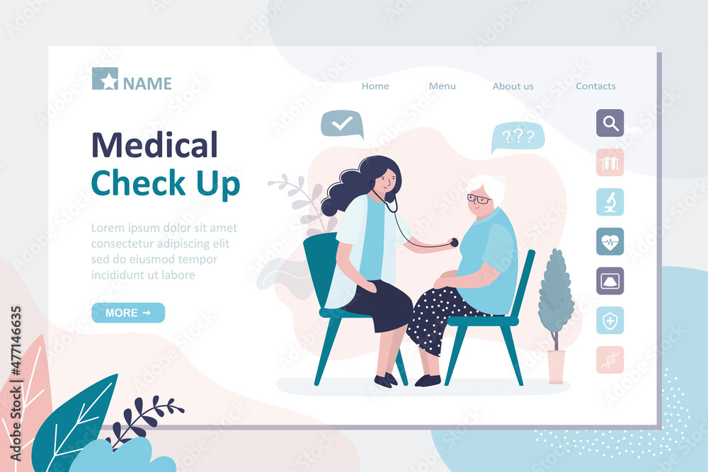Medical check up, landing page template. Elderly woman came to consult doctor. Medical office room interior. Grandmother at doctor's appointment at clinic. Diagnosis of diseases.