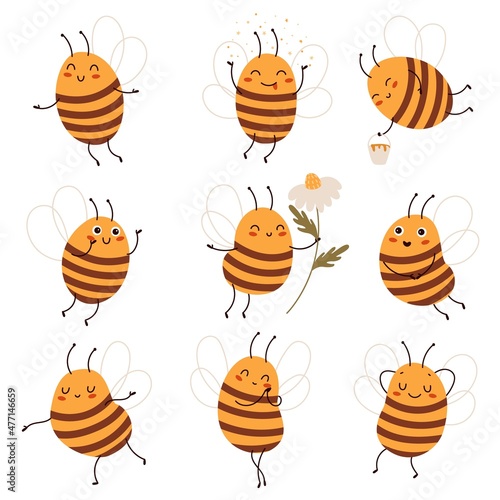 Cute honeybee. Funny honey getters characters in various states and poses. Cartoon working winged insects. Buzzing mascot with chamomile flower. Yellow striped wasps. Vector bees set