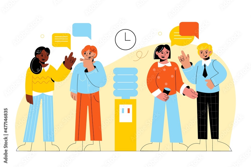 Office people communication. Employees talk near cooler during work break. Men and women converse. Standing persons with discussion speech bubbles. Colleagues gossip. Vector concept