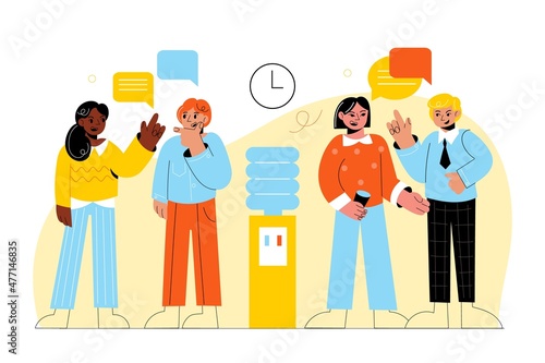 Office people communication. Employees talk near cooler during work break. Men and women converse. Standing persons with discussion speech bubbles. Colleagues gossip. Vector concept