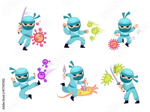Ninja doctor fight virus. Medical character against microbes. Health worker combat defense. Warrior cuts bacteria with sword and throws shurikens. Vector set of men in protective costume
