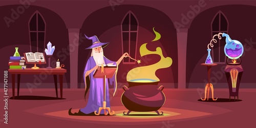 Wizard castle. Magical laboratory interior. Sorcerer brews magic potion in tower. Spell books and distillation flask on table. Magician with magic wand and cauldron. Vector concept