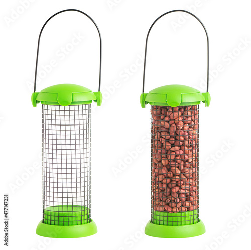 Hanging feeder for songbirds, with peanuts and empty, isolated on a white background
