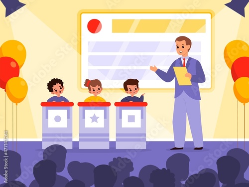 Kids quiz TV show. Intellectual game contest. Young players stand behind pulpits and answer questions of presenter in studio. Children tournament television broadcast. Vector concept