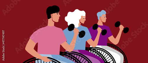 Peoplr in inclusive sport, flat vector stock illustration with disabled sportsmen in wheelchair together 