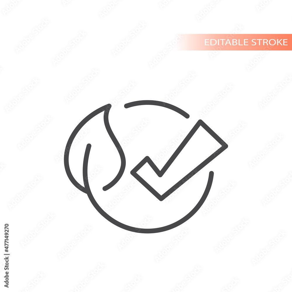 Eco safe, or friendly outlined icon. Leaf circle with check mark symbol. Eco safe, or friendly outlined icon. Leaf circle with check mark symbol.