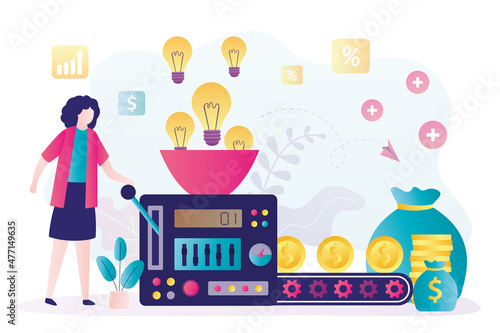 Business lady starts up money making machine. Entrepreneur monetized creative ideas