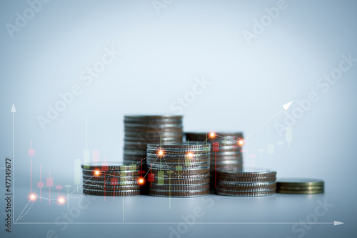 Rows of money coins for growing growth save money. Savings and Accounts, Finance Banking Business Concept Ideas, Investments, Funds, Bonds, Dividends and Interest.