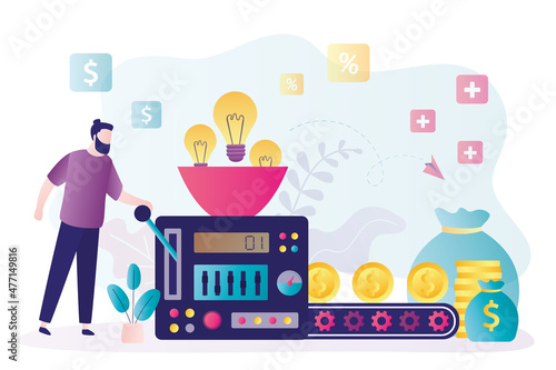 Businessman starts up money making machine. Entrepreneur monetized creative ideas. Conveyor belt with gold coins. Male character makes high profit from ideas. Financial growth.