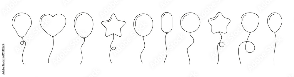 Balloon outline icons. Balloon with string in line cartoon style ...