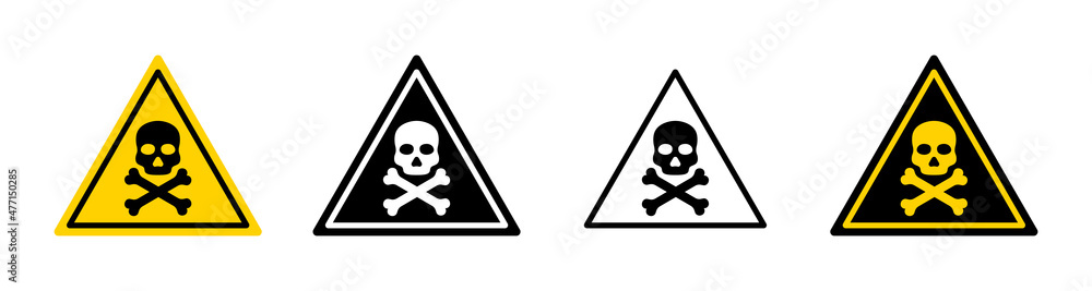 Danger sign with skull. Warning icon of poison, toxic, chemical and electricity. Danger triangle - symbol of death. Outline sign of caution, risk and hazard. Vector - obrazy, fototapety, plakaty 