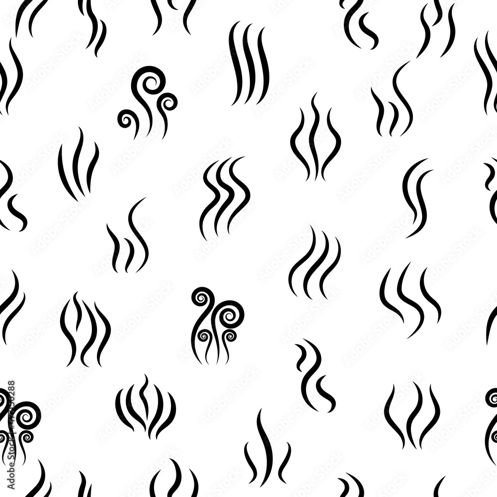 Smell seamless pattern. Steam icons. Lines of heat, smoke, warm and aroma. Vapour seamless pattern. Black logos on white background. Vector