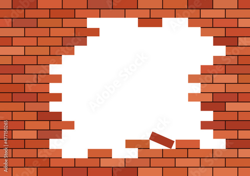 Broken brick wall with white hole. Broken red brick building. Red background with frame for info. Texture of castle or stone house. Crack on stonewall. Construction with concrete for tile. Vector