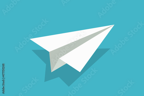 Paper airplane. Origami Plane. White 3d fly aeroplane on blue background. Craft of origami. Concept of flight, travel. Abstract icon for airline, launch free jet. Vector