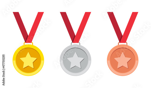 Gold, silver and bronze medal with star. Icon of coin or prize. Badge with ribbon for olympic game. Trophy and award for winner in flat style. 1st, 2nd and 3rd place. Vector