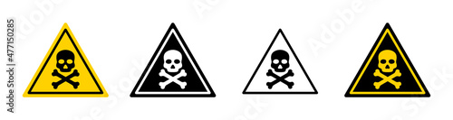 Danger sign with skull. Warning icon of poison, toxic, chemical and electricity. Danger triangle - symbol of death. Outline sign of caution, risk and hazard. Vector photo
