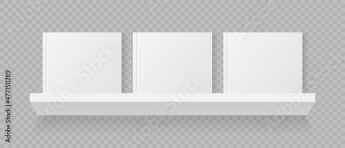 Bookshelf with books. White mockup of books with cover. Shelf for magazine and library. Blank mock up of realistic book on showcase for store and home. Three brochure on rack in row. Vector