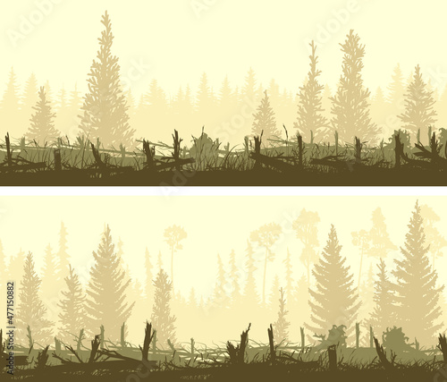 Set of horizontal banners with silhouettes of driftwood trunks with coniferous undergrowth forest.