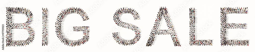 Concept or conceptual large community of people forming BIG SALE slogan. 3d illustration metaphor for marketing, promotion, shopping, special price, offer, discount or deal Concept or conceptual large community of people forming BIG SALE slogan. 3d illustration metaphor for marketing, promotion, shopping, special price, offer, discount or deal