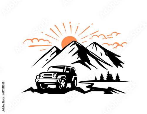 Mountain landscape with off road car vector. SUV auto