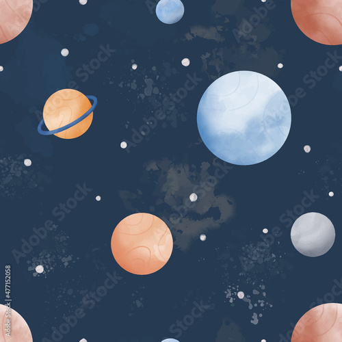 Watercolour cosmos space scene with planets and stars seamless pattern vector illustration. Perfect for fabric or paper printing.