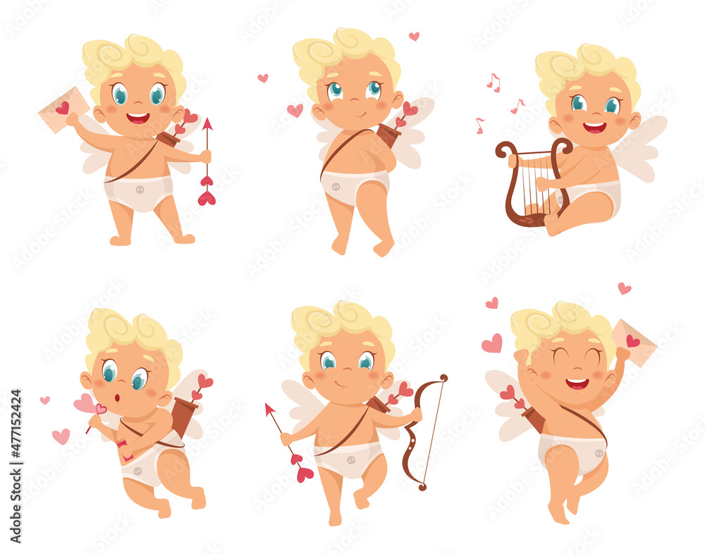 Cute Cupid character set in different poses. Amur babies. Vector characters. Cute Cupid character set in different poses. Amur babies. Vector characters.