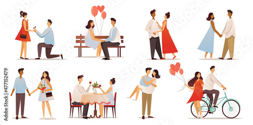 A set of romantic characters in different poses. Couples in love. Vector illustration.