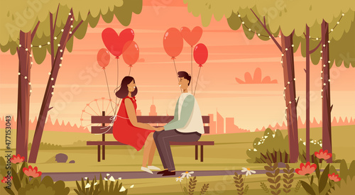A couple in love sits on a bench with balloons. Valentines day banner. Romantic landscape background.