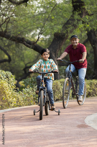 Cheerful father and son riding bicycle at park 