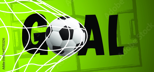Soccer ball in goal. Goal net. Soccer border on green football grass field. Vector stadium, supporters background banner. wk, ek sport finale or school, sports game. Street ball.  2021, 2022 Qatar
