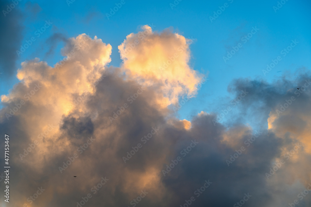 Golden and gray Cumulus clouds on sky at sunset Golden and gray Cumulus clouds on sky at sunset
