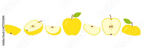 Cute yellow apple set. Flat fresh sliced apples collection. Vector isolated on white.