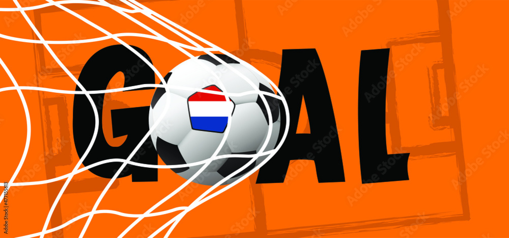 Ball in goal with the flag of the Netherlands. Soccer ball or football net.  Vector, orange