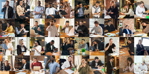 Collage made of portraits of multiethnic people, businessmen at office area, indoors. Business, education, teamwork, work, finance, tech concept. © master1305