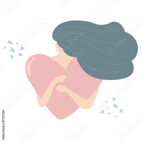 Young woman hugs a big heart with love and care. Girl with long hair holds pink heart in hands. Self care and body positive concept. Feminism, fight for your rights, girl power concept. Fall in love