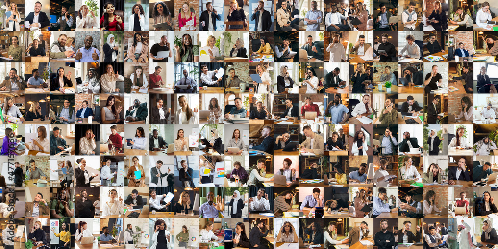 Fototapeta premium Collage made of portraits of multiethnic people, businessmen at office area, indoors. Business, education, teamwork, work, finance, tech concept.