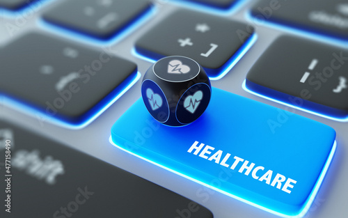 Heartbeat Symbol On A Dice Over Laptop Computer Keyboard with Healthcare Text on Enter Button