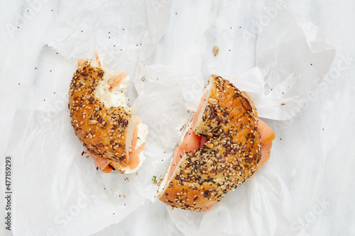 Overhead view of bagel with lox and cream cheese photo