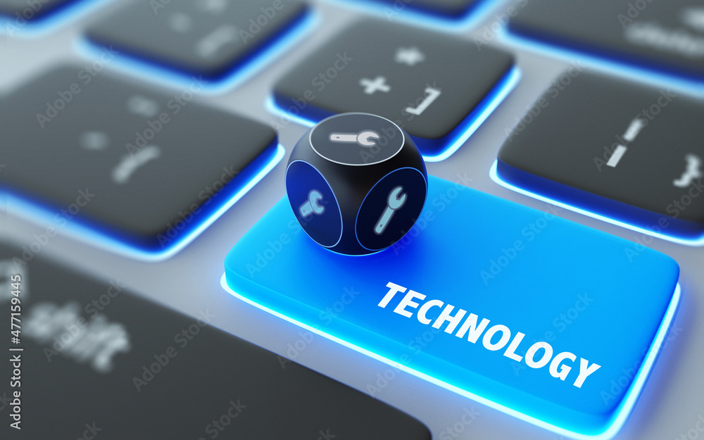 Fototapeta premium Work Tool Wrench Symbol On A Dice Over Laptop Computer Keyboard with Social Media Text on Technology Button
