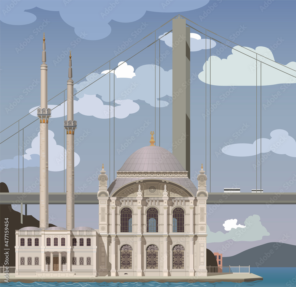 Fototapeta premium Istanbul, Ortakor Mosque, Big Mosque of Mejidiye. Vector.