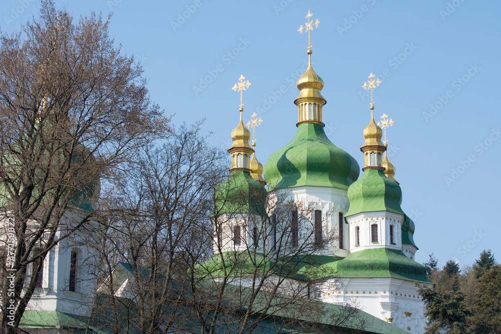 Kyiv, Ukraine, April 2019: St. Michael's Vydubychi Monastery - historical monastery on Old Kyiv Mount.